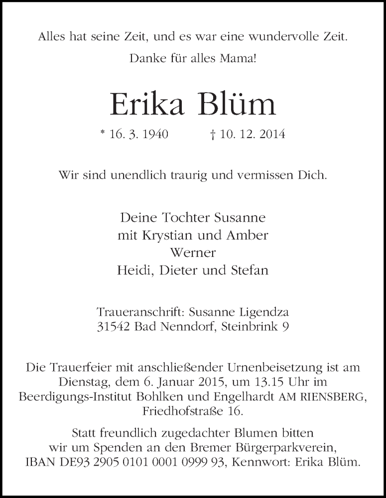 Traueranzeige von Erika Blüm von WESER-KURIER