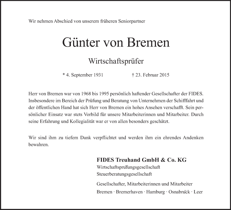 Traueranzeige von Günter von Bremen von WESER-KURIER