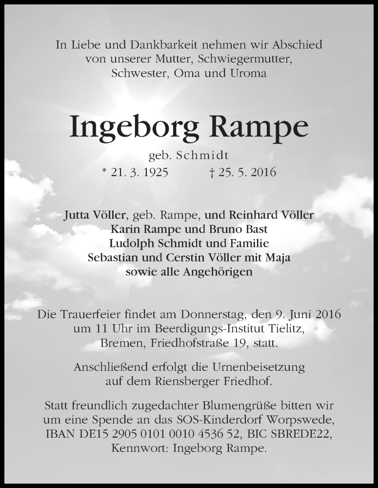 Traueranzeige von Ingeborg Rampe von WESER-KURIER