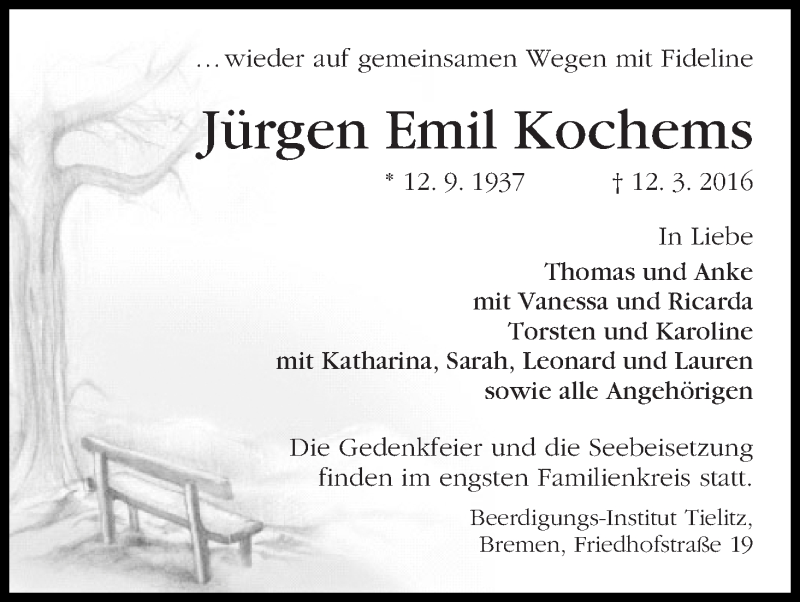 Traueranzeige von Jürgen Emil Kochems von WESER-KURIER