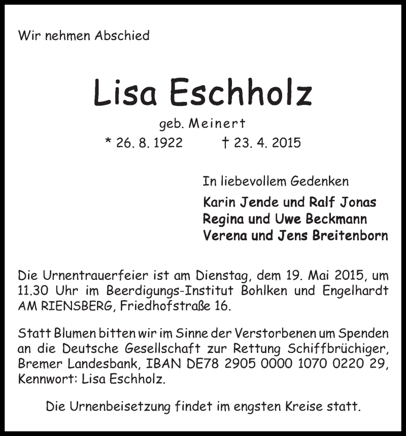Traueranzeige von Lisa Eschholz von WESER-KURIER