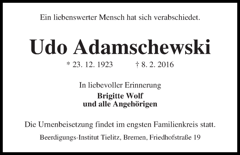 Traueranzeige von Udo Adamschewski von WESER-KURIER