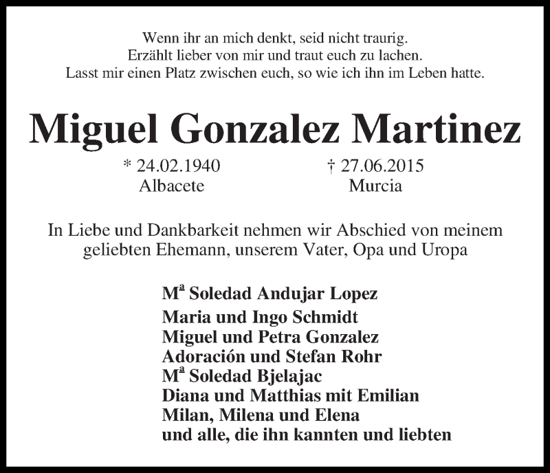 Traueranzeige von Miguel Gonzalez Martinez von WESER-KURIER