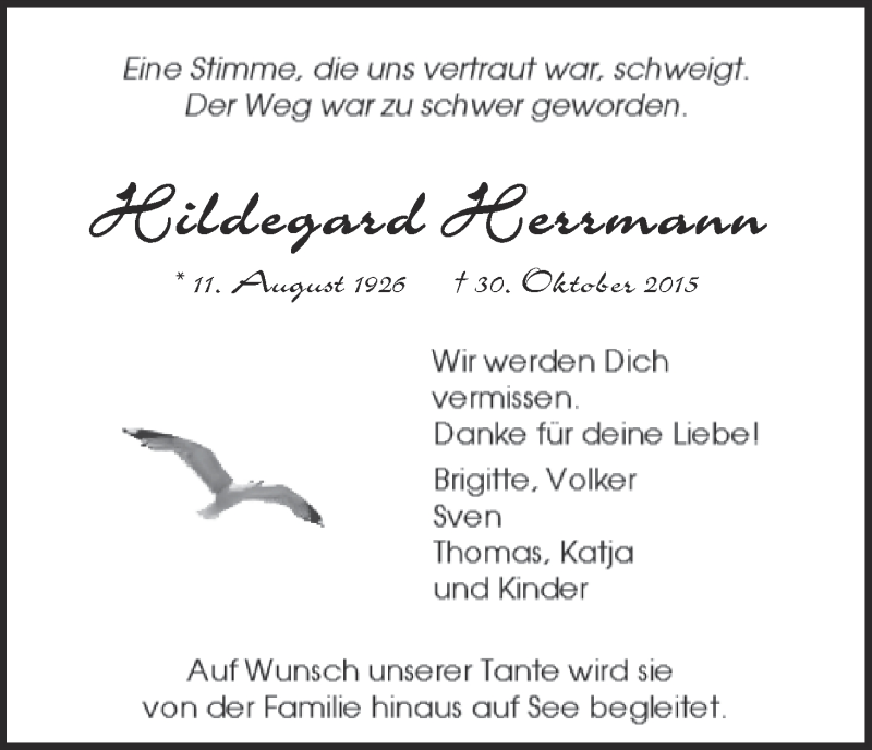 Traueranzeige von Hildegard Herrmann von WESER-KURIER