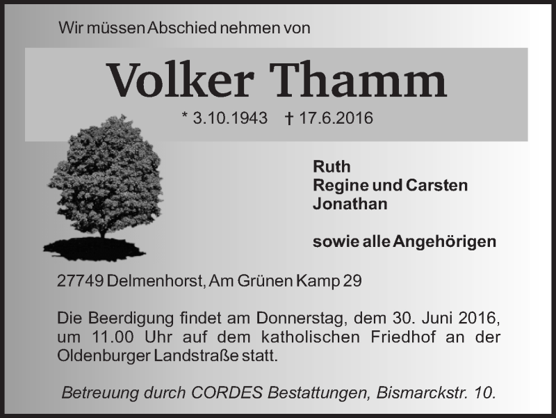Traueranzeige von Volker Thamm von WESER-KURIER