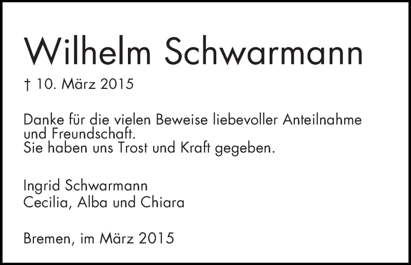 Traueranzeige von Wilhelm Schwarmann von WESER-KURIER