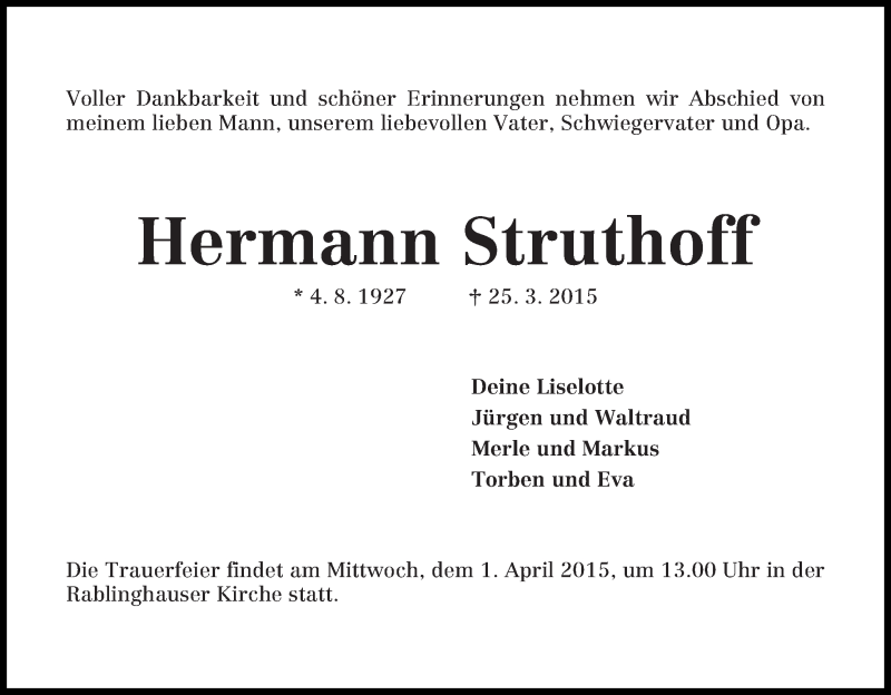 Traueranzeige von Hermann Struthoff von WESER-KURIER