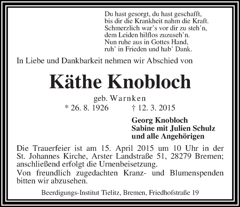 Traueranzeige von Käthe Knobloch von WESER-KURIER