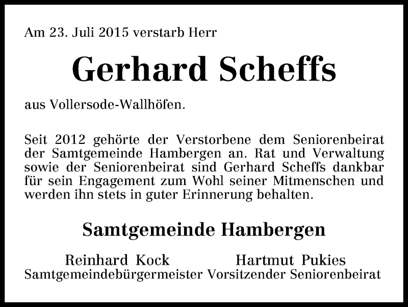 Traueranzeige von Gerhard Scheffs von Osterholzer Kreisblatt