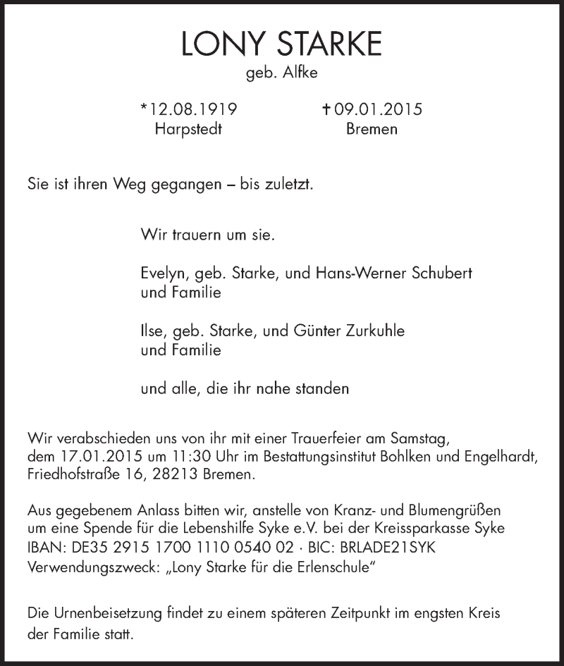 Traueranzeige von Lony Starke von WESER-KURIER