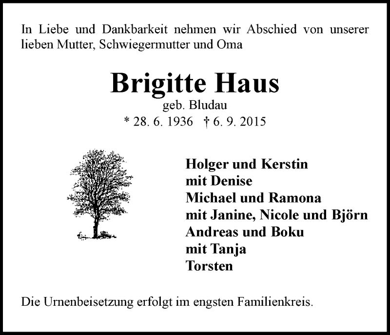 Traueranzeige von Brigitte Haus von WESER-KURIER