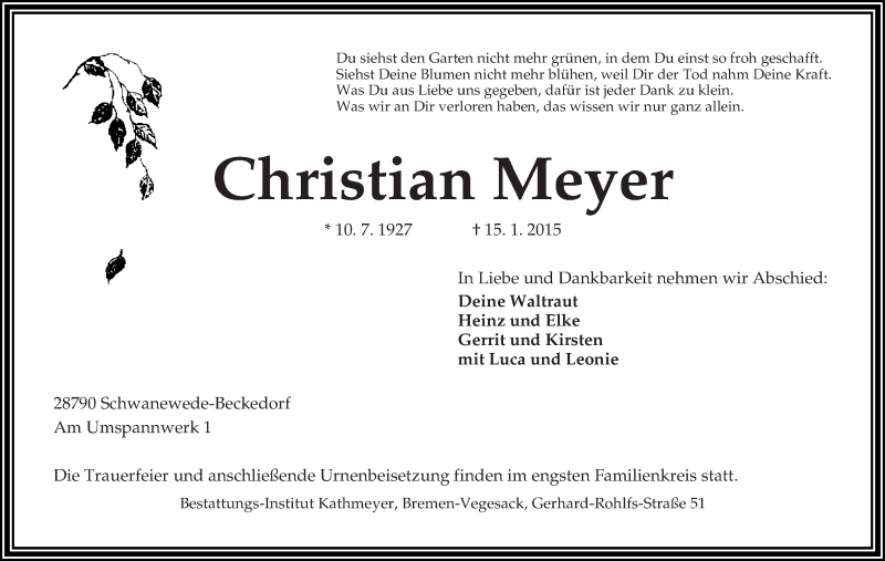 Traueranzeige von Christian Meyer von Die Norddeutsche