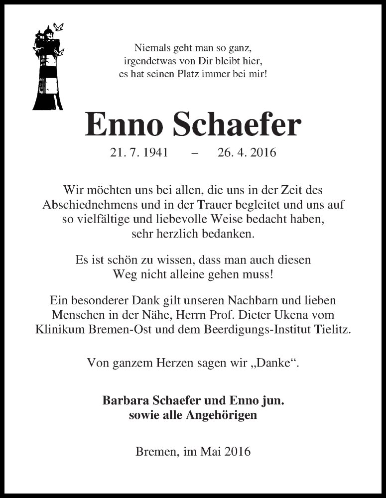 Traueranzeige von Enno Schaefer von WESER-KURIER