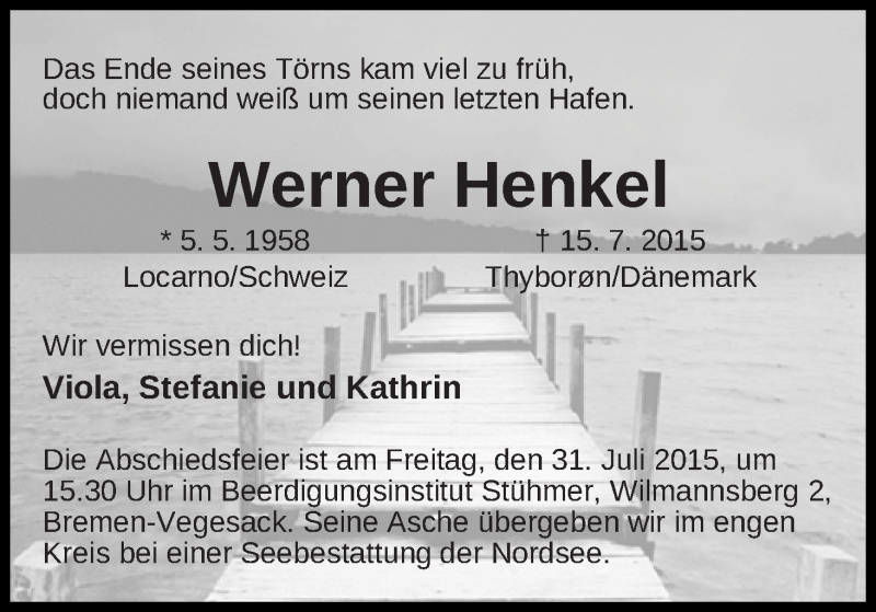 Traueranzeige von Werner Henkel von Die Norddeutsche