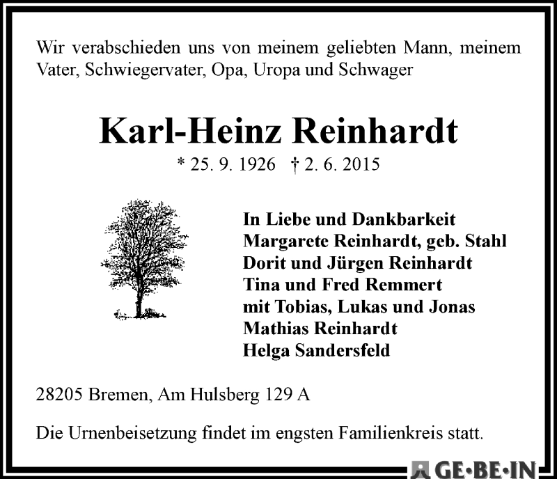 Traueranzeige von Karl-Heinz Reinhardt von WESER-KURIER