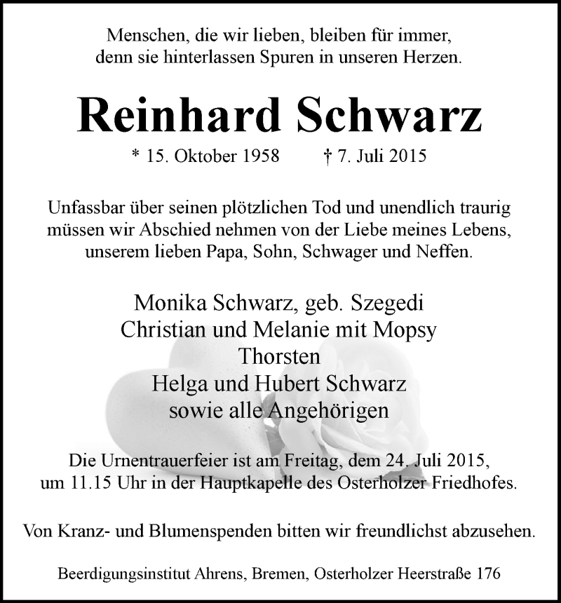 Traueranzeige von Reinhard Schwarz von WESER-KURIER