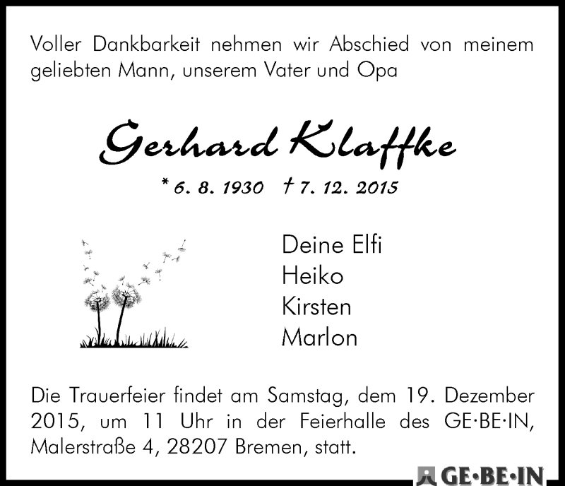 Traueranzeige von Gerhard Klaffke von WESER-KURIER