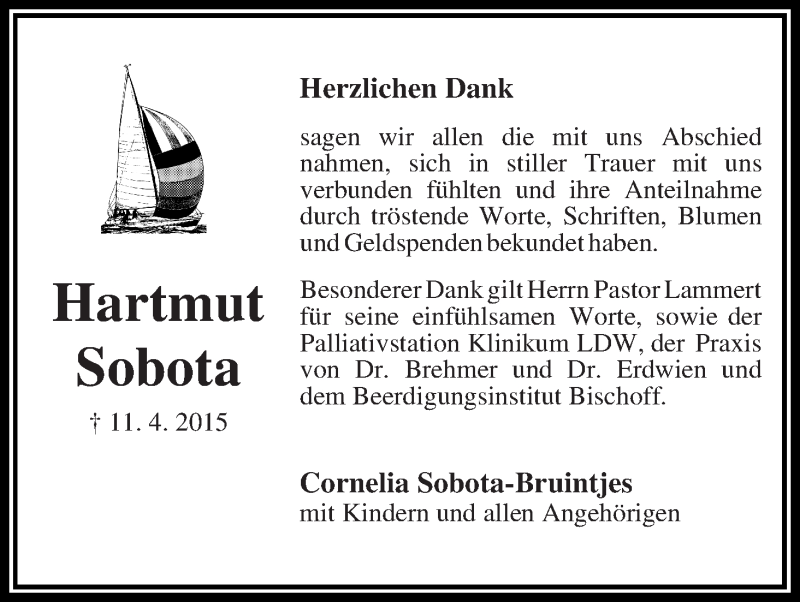 Traueranzeige von Hartmut Sobota von WESER-KURIER