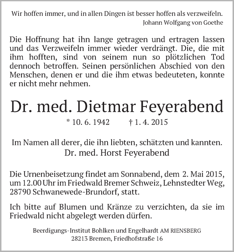 Traueranzeige von Dietmar Feyerabend von Die Norddeutsche