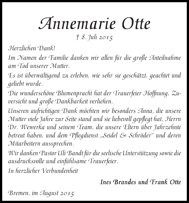 Traueranzeige von Annemarie Otte von WESER-KURIER