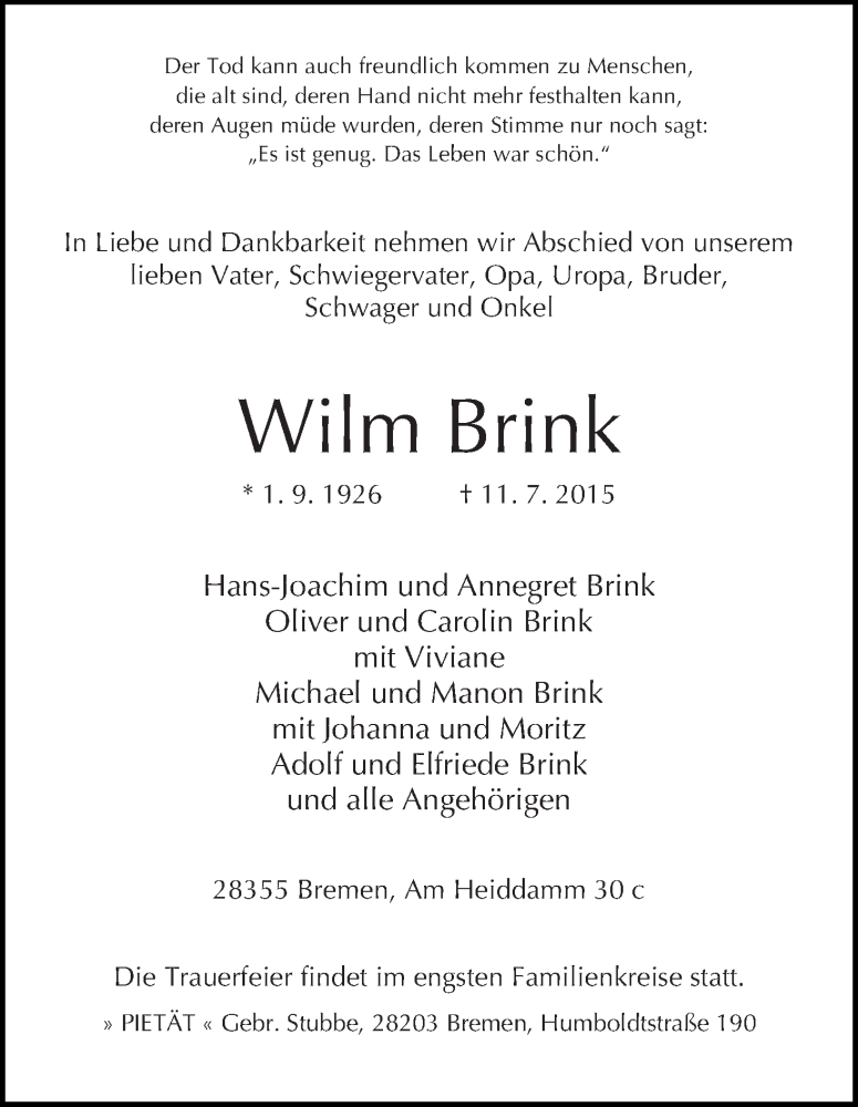 Traueranzeige von Wilm Brink von WESER-KURIER