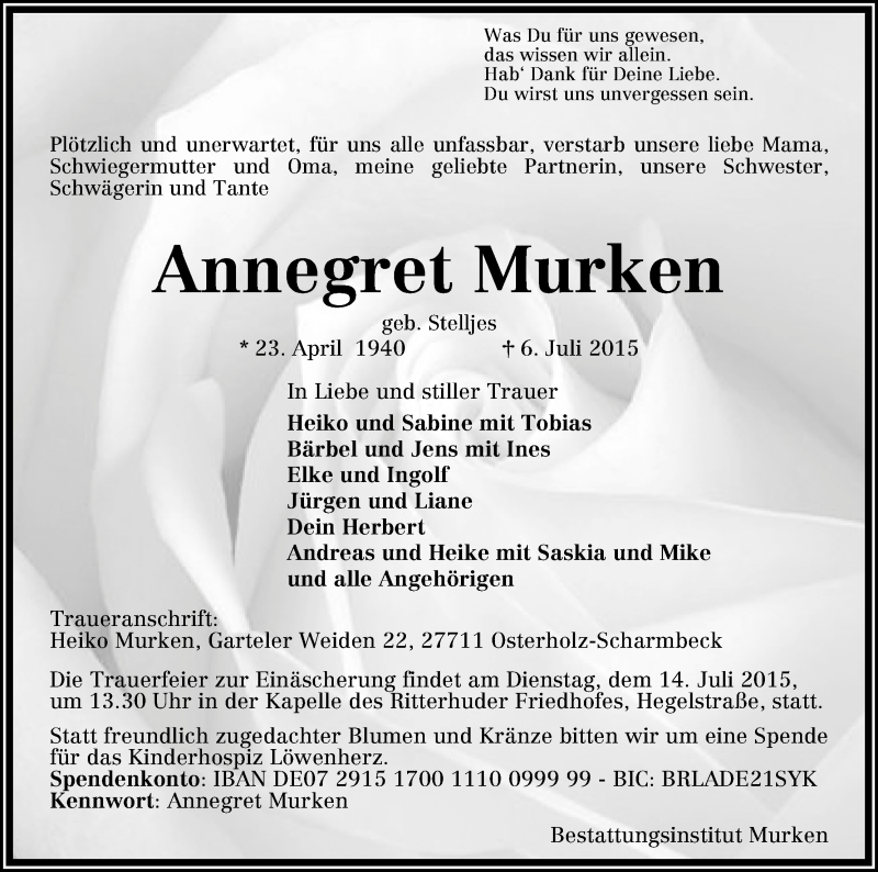 Traueranzeige von Annegret Murken von Osterholzer Kreisblatt