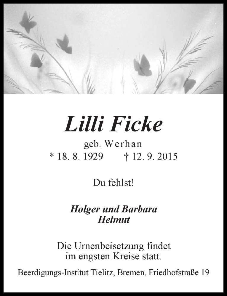 Traueranzeige von Lilli Ficke von WESER-KURIER