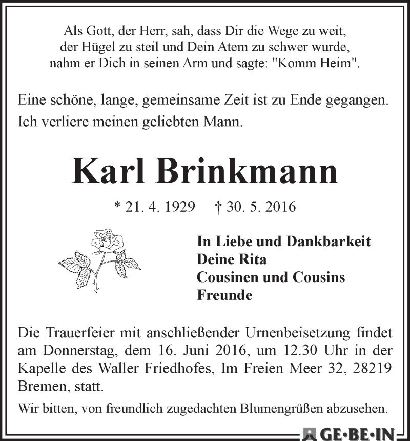Traueranzeige von Karl Brinkmann von WESER-KURIER