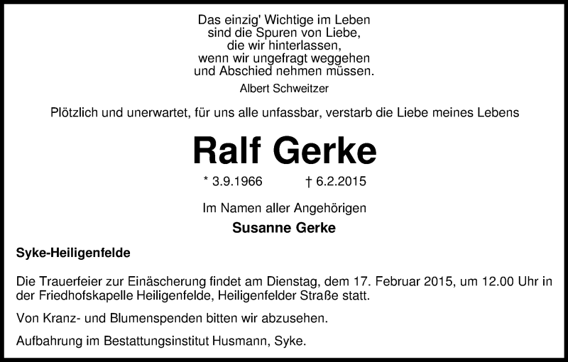 Traueranzeige von Ralf Gerke von WESER-KURIER