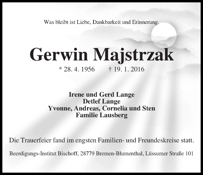 Traueranzeige von Gerwin Majstrzak von Die Norddeutsche