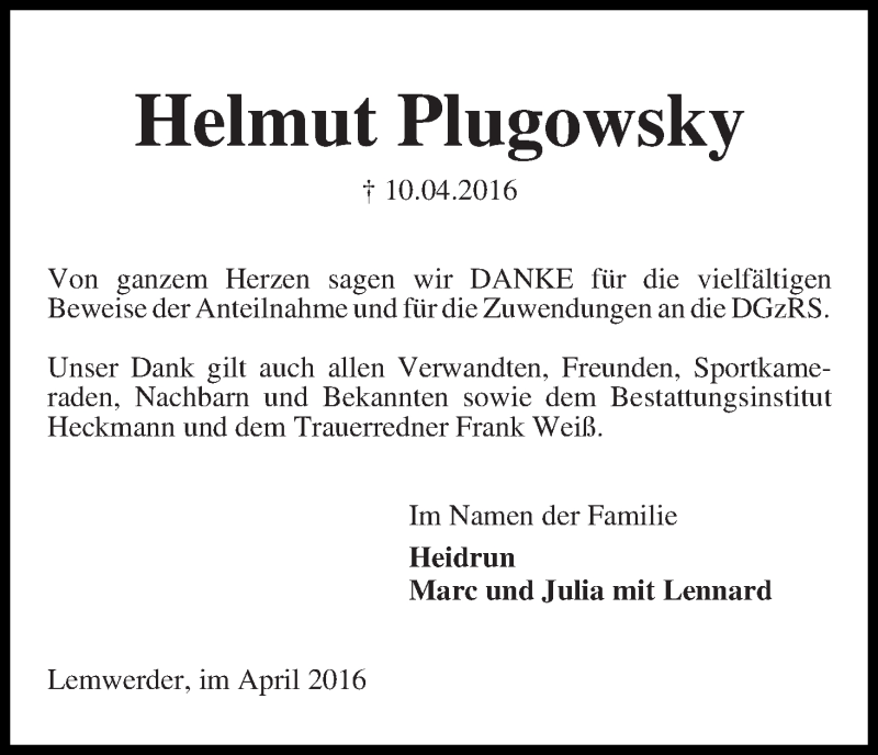 Traueranzeige von Helmut Plugowsky von Die Norddeutsche