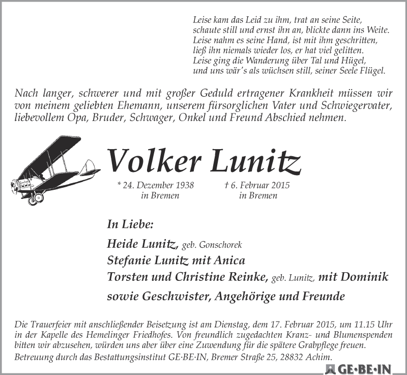 Traueranzeige von Volker Lunitz von WESER-KURIER