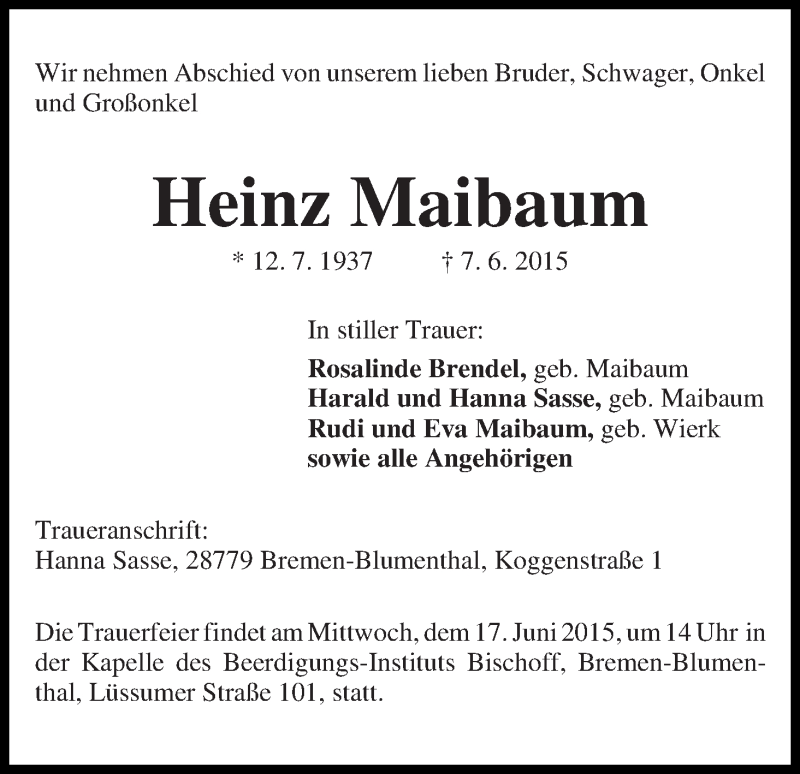 Traueranzeige von Heinz Maibaum von Die Norddeutsche