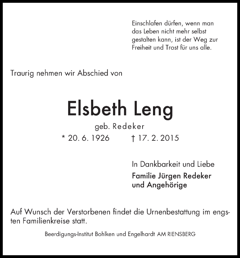 Traueranzeige von Elsbeth Leng von WESER-KURIER