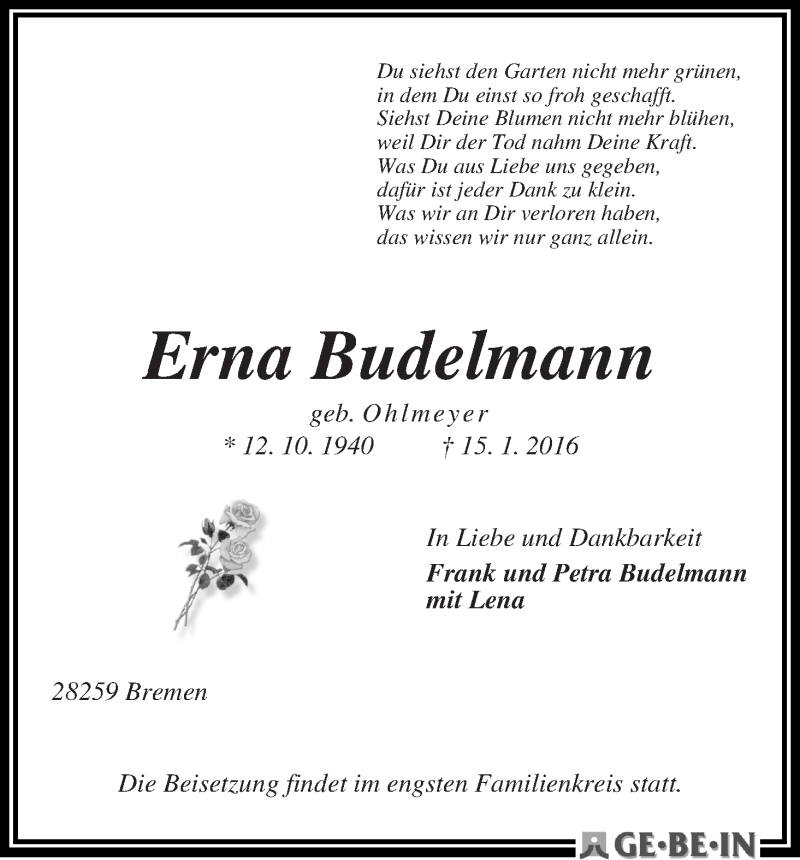 Traueranzeige von Erna Budelmann von WESER-KURIER