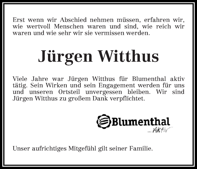 Traueranzeige von Jürgen Witthus von Die Norddeutsche