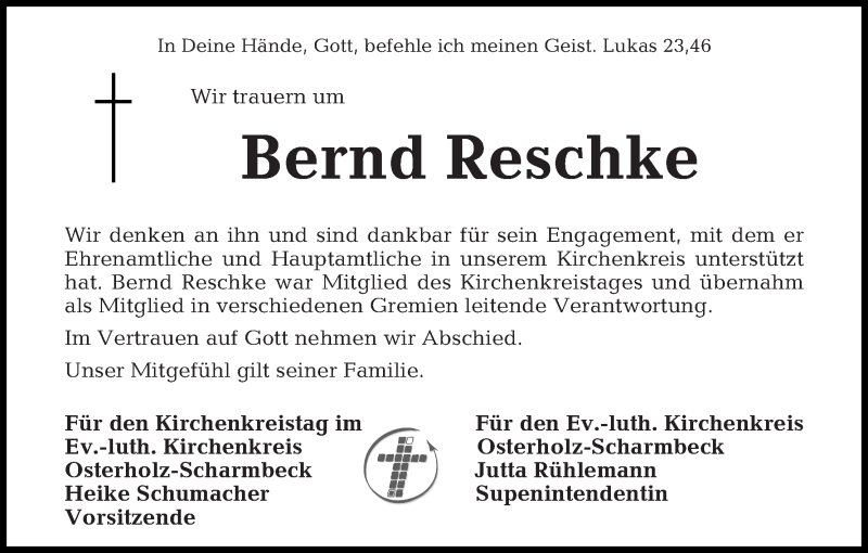 Traueranzeige von Bernd Reschke von Osterholzer Kreisblatt
