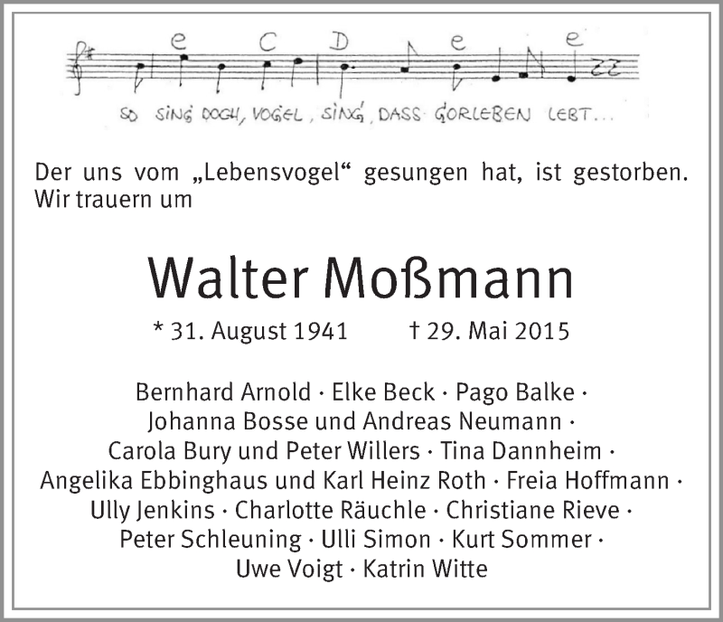 Traueranzeige von Walter Moßmann von WESER-KURIER