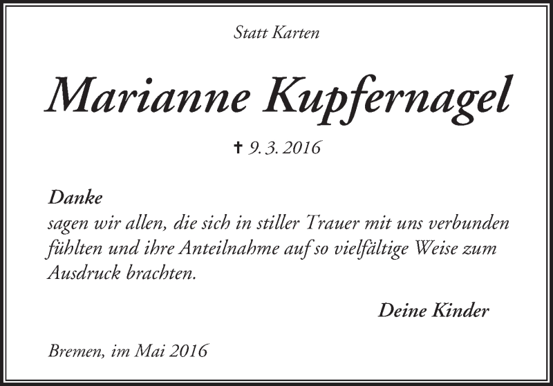 Traueranzeige von Marianne Kupfernagel von WESER-KURIER