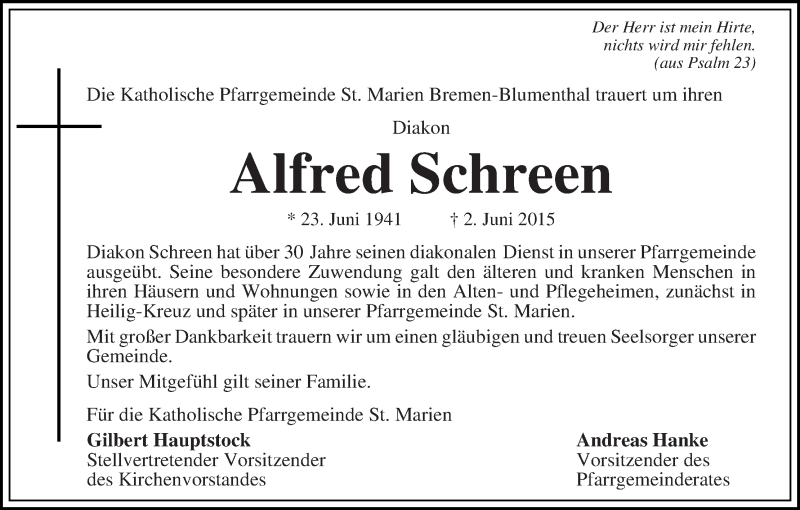 Traueranzeige von Alfred Schreen von Die Norddeutsche
