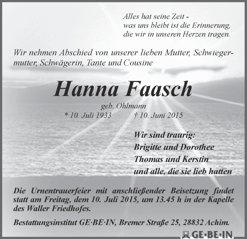 Traueranzeige von Hanna Faasch von WESER-KURIER