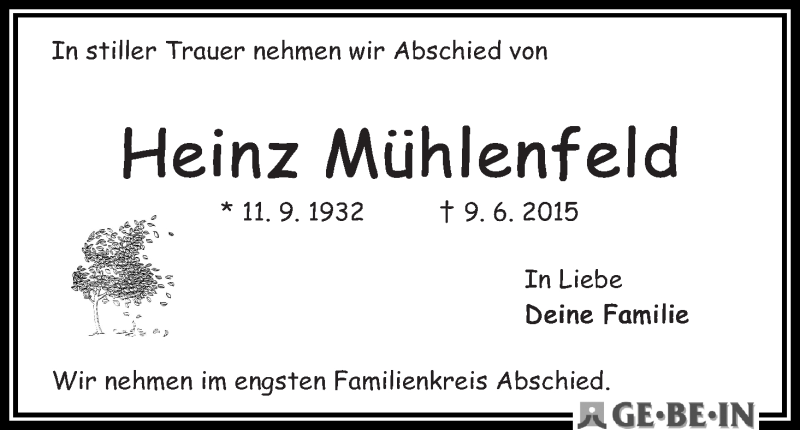 Traueranzeige von Heinz Mühlenfeld von WESER-KURIER