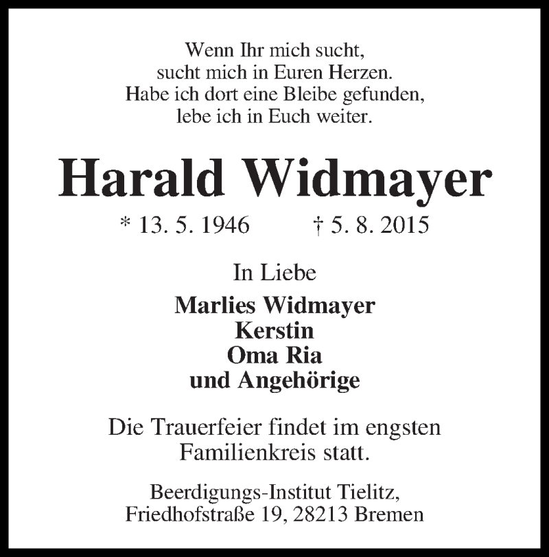 Traueranzeige von Harald Widmayer von WESER-KURIER