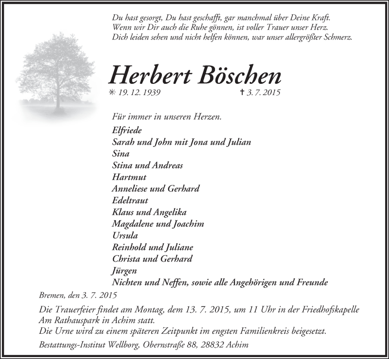 Traueranzeige von Herbert Böschen von WESER-KURIER