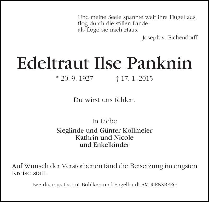 Traueranzeige von Edeltraut Ilse Panknin von WESER-KURIER