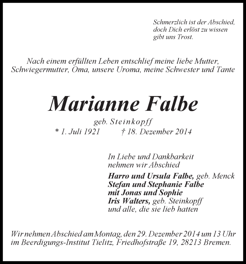 Traueranzeige von Marianne Falbe von WESER-KURIER