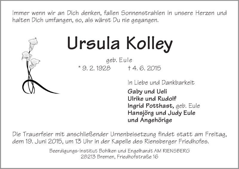 Traueranzeige von Ursula Kolley von WESER-KURIER