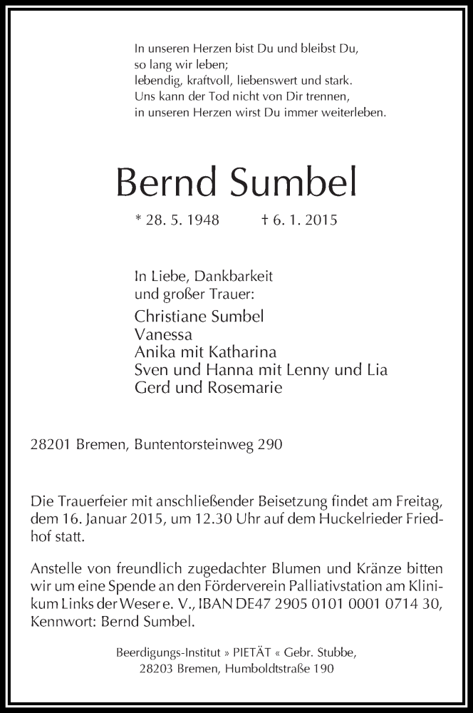 Traueranzeige von Bernd Sumbel von WESER-KURIER