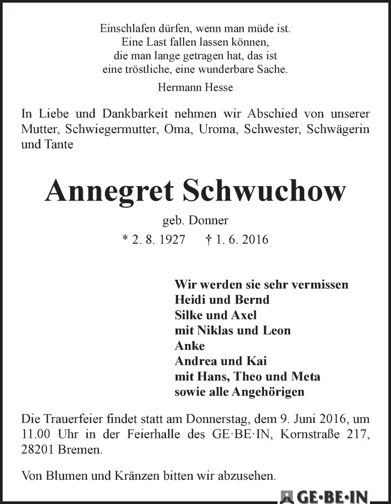 Traueranzeige von Annegret Schwuchow von WESER-KURIER