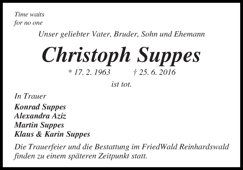 Traueranzeige von Christoph Suppes von WESER-KURIER